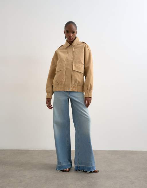 Topshop – Beige bomberjacka i mockaimitation och oversize, 3 av 4