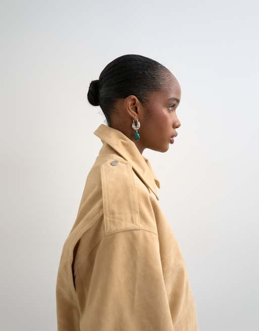 Topshop – Beige bomberjacka i mockaimitation och oversize, 4 av 4
