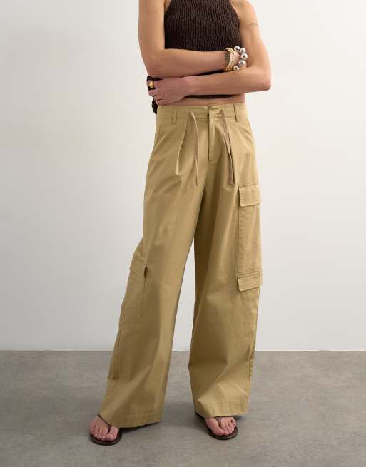 Topshop - Beige cargobukser med brede ben og bindebånd i taljen samt A-form, 2 af 5