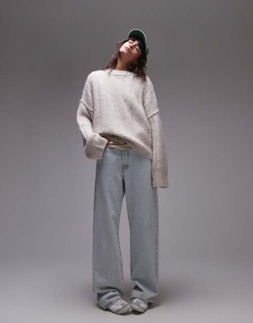Topshop – Beige, fluffigt ribbstickad tröja i oversize med rund halsringning , 2 av 4
