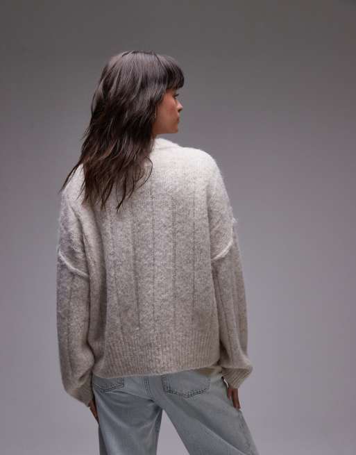 Topshop – Beige, fluffigt ribbstickad tröja i oversize med rund halsringning , 4 av 4
