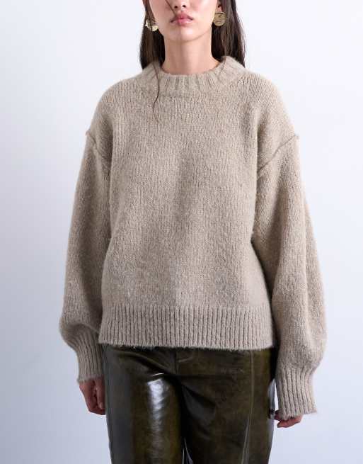Topshop – Beige, fluffigt stickad tröja i ullmix med synliga sömmar, 2 av 4