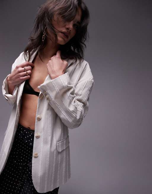 Topshop – Beige kavaj i oversize med texturerade ränder, del av set, 5 av 5
