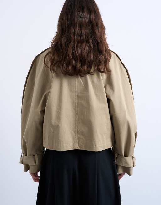 Topshop - Beige kort trenchcoat med ovale ærmer i bomuld, 3 af 4