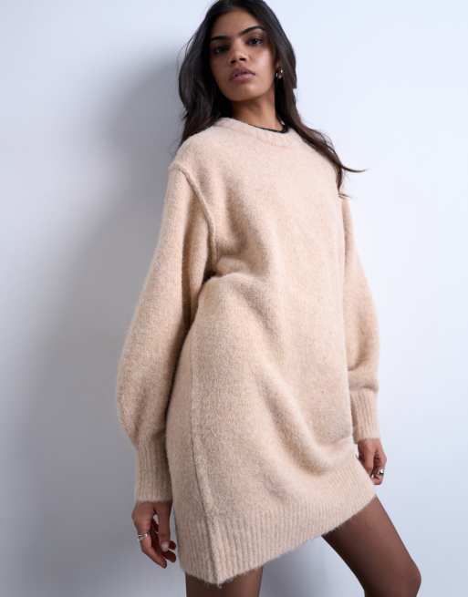 Topshop - Beige minikjole i plysset strik med rund hals, 3 af 4