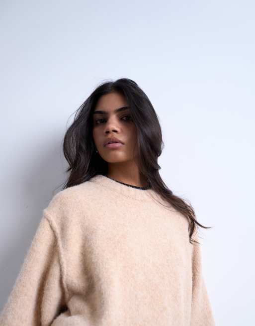 Topshop - Beige minikjole i plysset strik med rund hals, 4 af 4