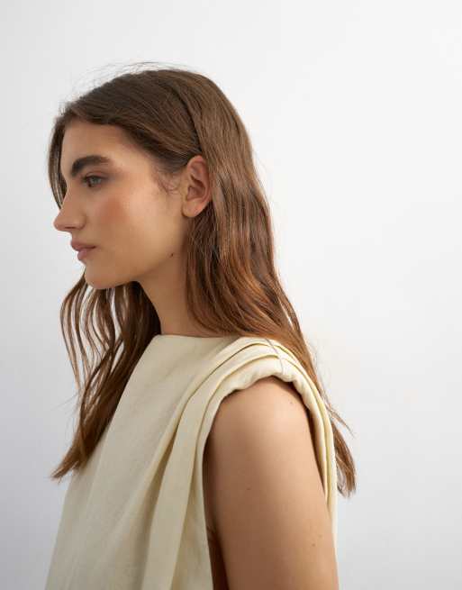 Topshop – Beige miniklänning i linnerikt tyg med överdrivna axlar, 3 av 4