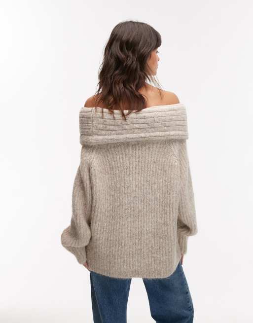 Topshop - Beige oversized trøje med offshoulder-snit i chunky strik, 2 af 4