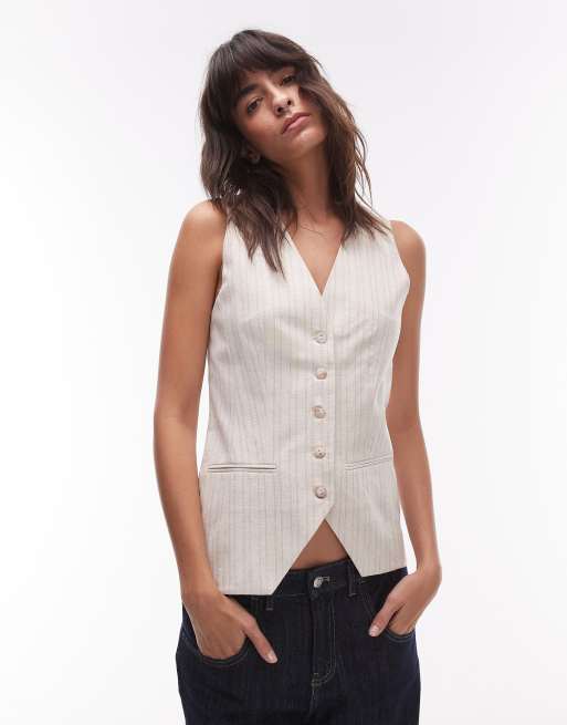 Topshop – Beige, randig, figurnära kostymväst i linne med knappar