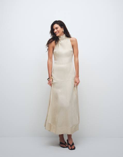 Topshop – Beige, randig maxiklänning med hög krage och sänkt midja - view 1