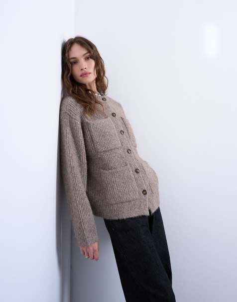 Topshop – Beige, stickad jacka med två fickor - view 1