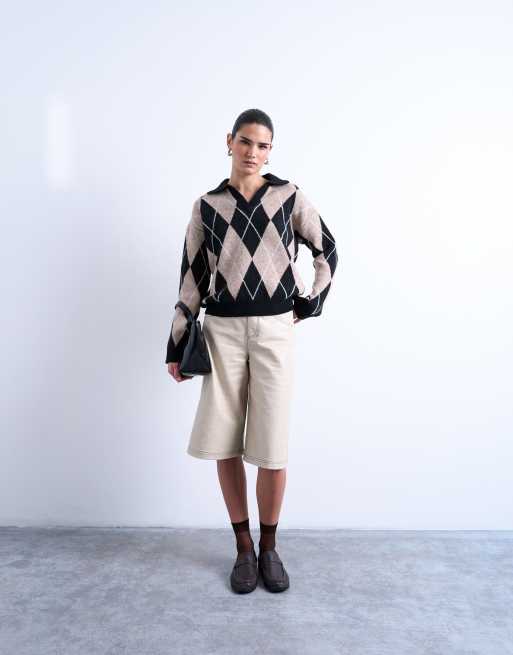 Topshop – Beige, stickad pikétröja med argylemönster, 2 av 4