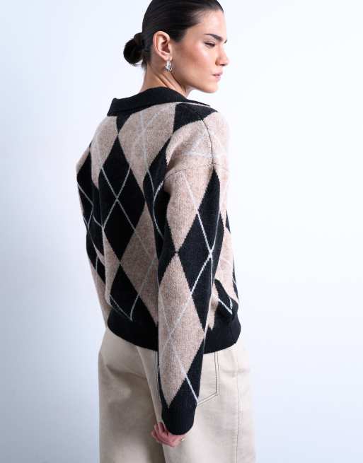 Topshop – Beige, stickad pikétröja med argylemönster, 4 av 4