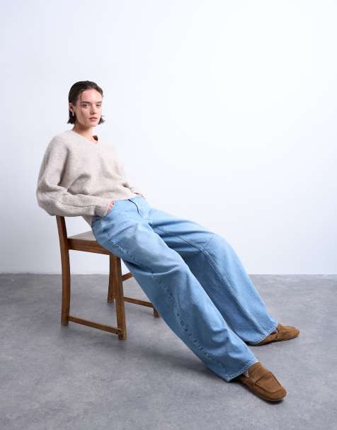 Topshop – Beige, stickad tröja med hög v-ringning och horisontella sömmar - view 1