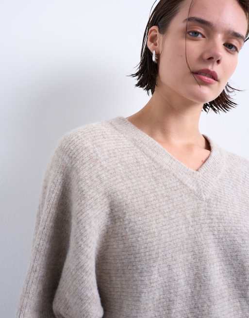 Topshop – Beige, stickad tröja med hög v-ringning och horisontella sömmar, 3 av 4