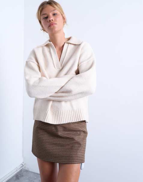 Topshop – Beige, stickad tröja med v-ringning - view 1