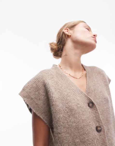 Topshop – Beige, stickad väst med v-ringning och avslappnad passform, del av set - view 1