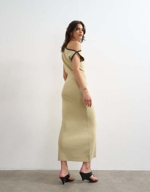 Topshop – Beige, strukturstickad maxiklänning med bara axlar och snurrad knut, 4 av 4