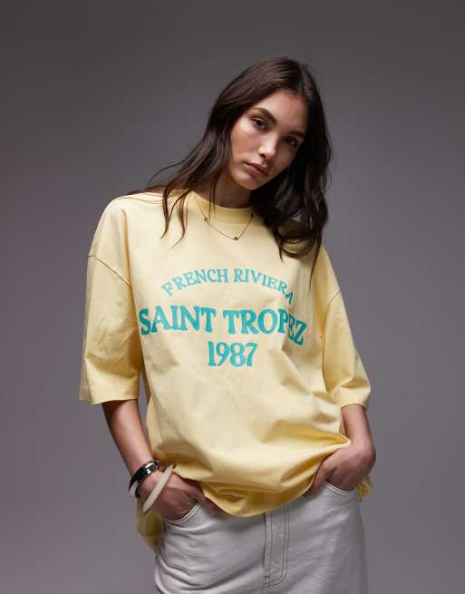 Topshop – Beige t-shirt i jersey och oversize med 'Saint Tropez'-tryck, 2 av 4
