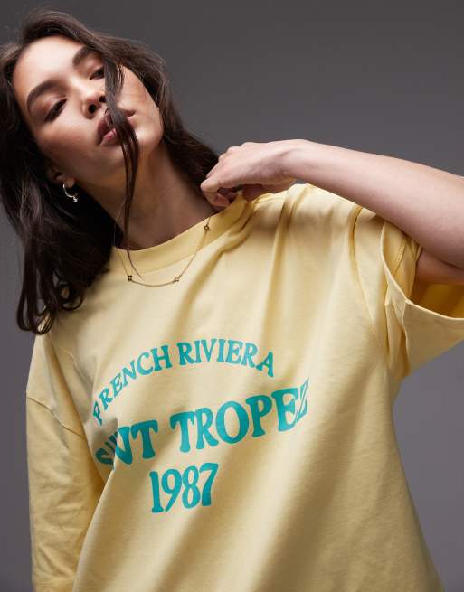 Topshop – Beige t-shirt i jersey och oversize med 'Saint Tropez'-tryck, 3 av 4