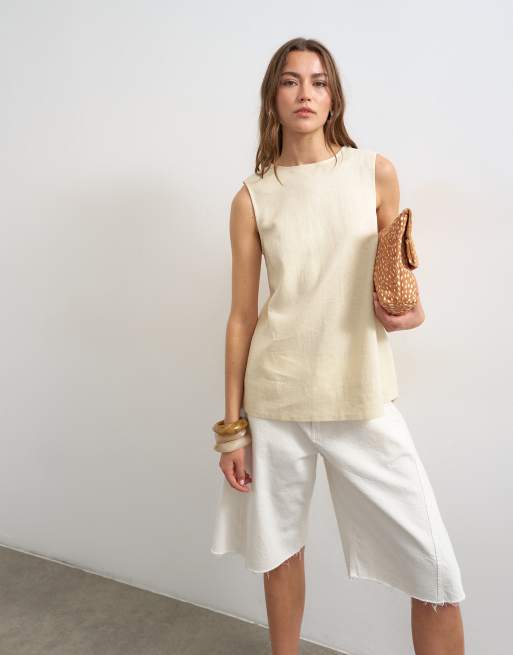 Topshop - Beige tanktop i hørblanding med åben ryg, 4 af 4