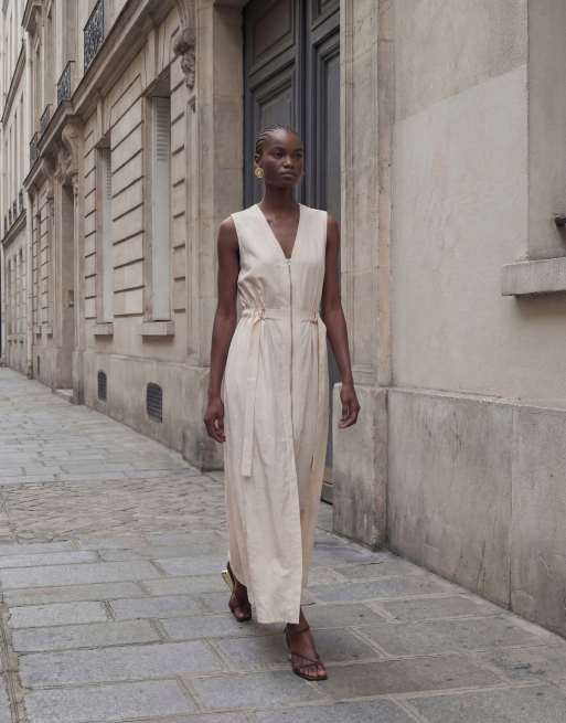 Topshop - Beige utility-maxikjole med V-hals og lynlås foran i krølstof, 10 af 11