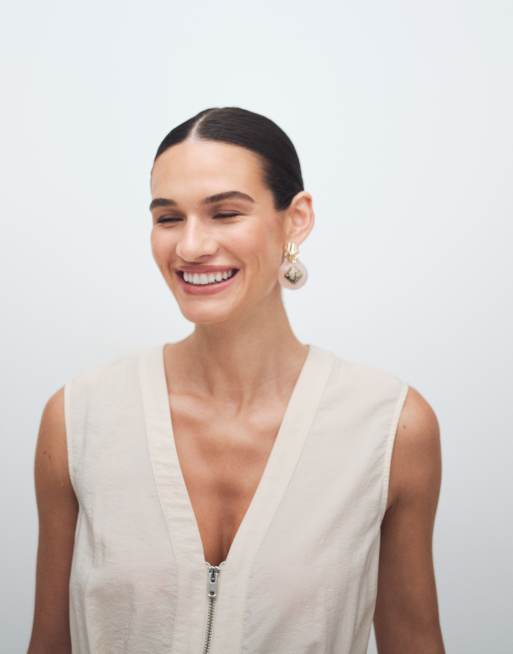 Topshop - Beige utility-maxikjole med V-hals og lynlås foran i krølstof, 3 af 11