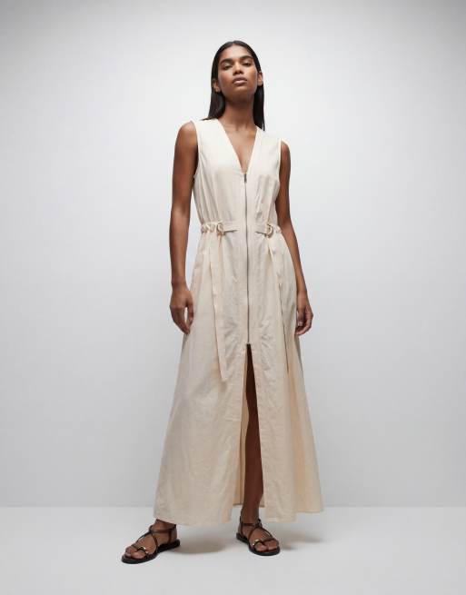 Topshop - Beige utility-maxikjole med V-hals og lynlås foran i krølstof, 8 af 11