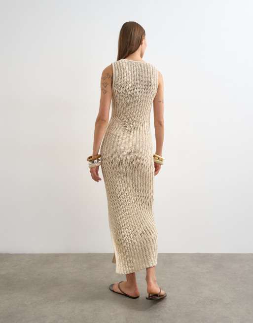 Topshop – Beige, virkad maxiklänning med djup ringning, 4 av 4