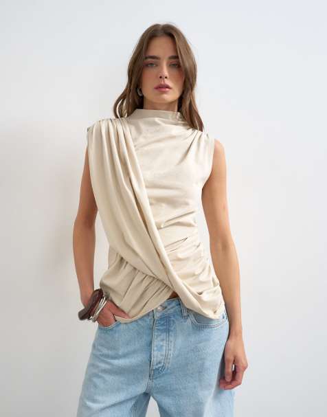 Topshop – Beigemelerad tunika med drapering framtill - view 1