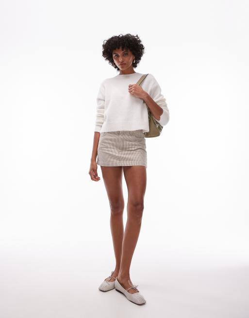 Topshop – Beigerutig, mikrokort jeanskjol i pelmet-stil