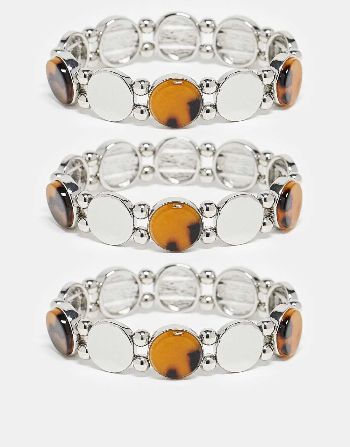 Topshop Bella 3 pack bracelets in silver tone & brown tortoise shell