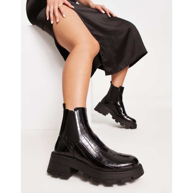 Topshop Bella chunky chelsea boot in black croc ASOS