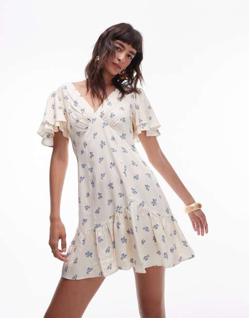 Topshop – Bella – Elfenbensvit, blommig tea-klänning i minilängd med utsvängda ärmar
