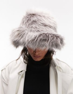 Topshop Bella faux fur bucket hat in grey