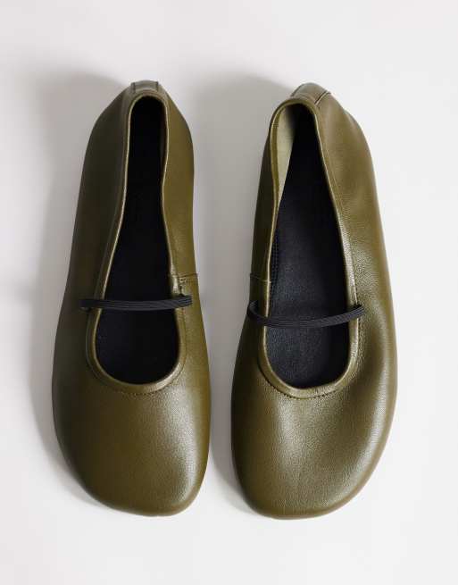 Topshop Bella läderballerinaskor med rund tå i khaki, 2 av 4