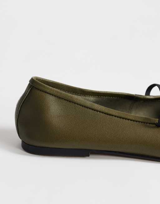 Topshop Bella leather round toe ballet flat in khaki, 4 of 4