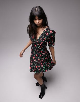 Topshop Bella Mini Tea Dress In Red Rose Print