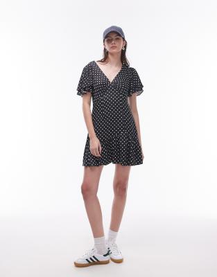 Topshop Bella Mini Tea Dress With Flutter Sleeve In Black And White Spot Print-green