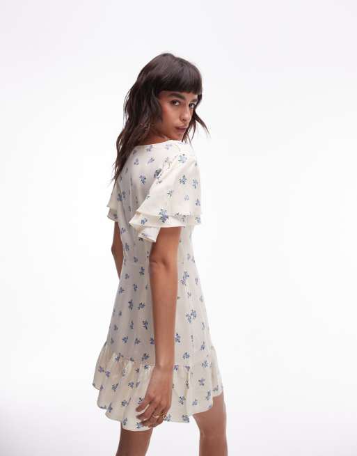 Topshop Bella mini tea dress with flutter sleeve in ivory floral print, 2 of 4