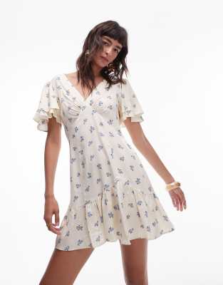 Topshop Bella Mini Tea Dress With Flutter Sleeves In Ivory Floral Print-white