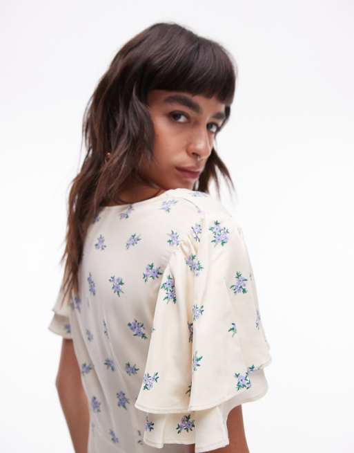 Topshop - Bella - Robe rétro courte à imprimé fleuri et manches évasées - Ivoire, 4 de 4