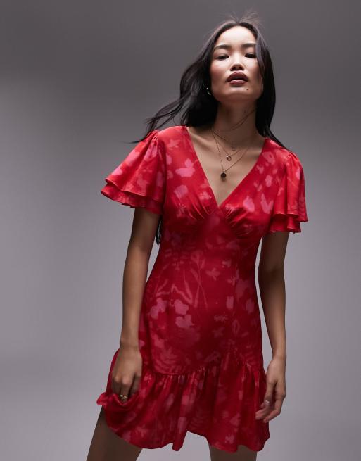 Topshop – Bella – Sukienka z rozkloszowanymi rękawami, w czerwono-różowy, kwiatowy wzór