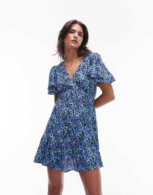 TOPSHOP BELLA TEA DRESS WITH ANGEL SLEEVE IN BLUE FLORAL