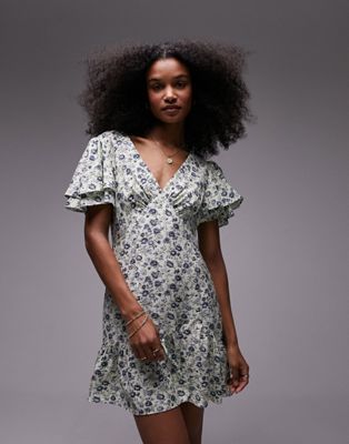 Topshop Bella tea dress with angel sleeve in ditsy floral print