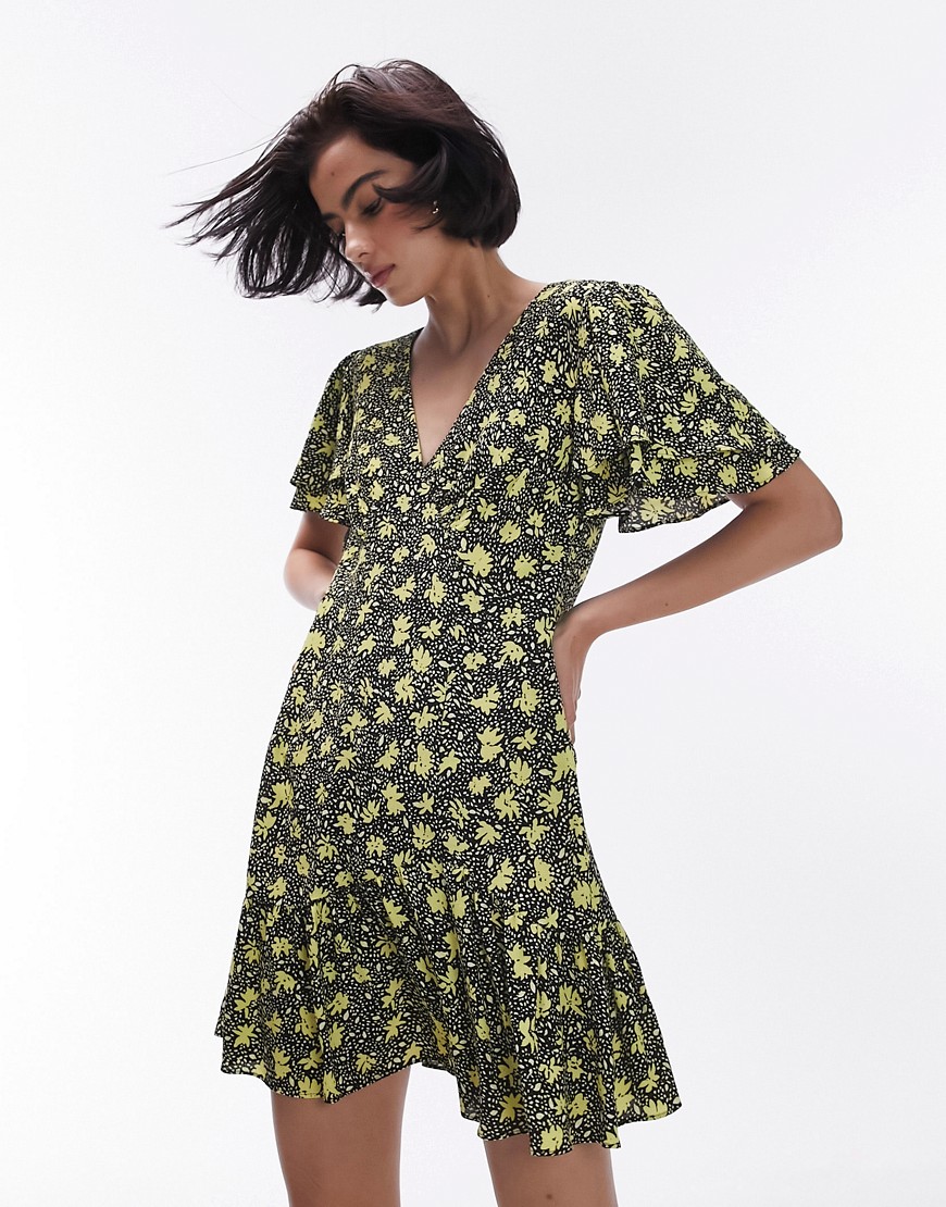 Topshop Bella tea dress with angel sleeve in yellow floral print