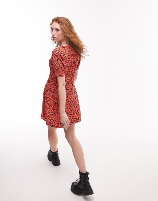 Topshop - Bella - Tea-minikjole med V-hals og rødt blomstermønster, 4 af 4