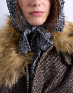 Model wearing Bella tie hood in grey