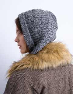 Model wearing Bella tie hood in grey