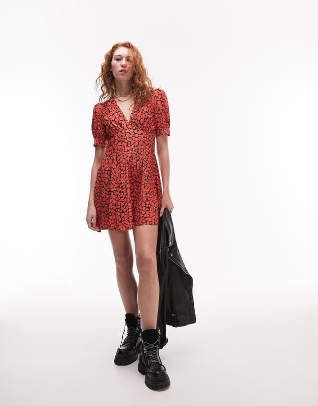 Topshop Bella V-neck mini tea dress in red floral print